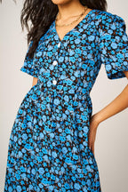Floral Print Button Front Midi Dress In Royal Blue