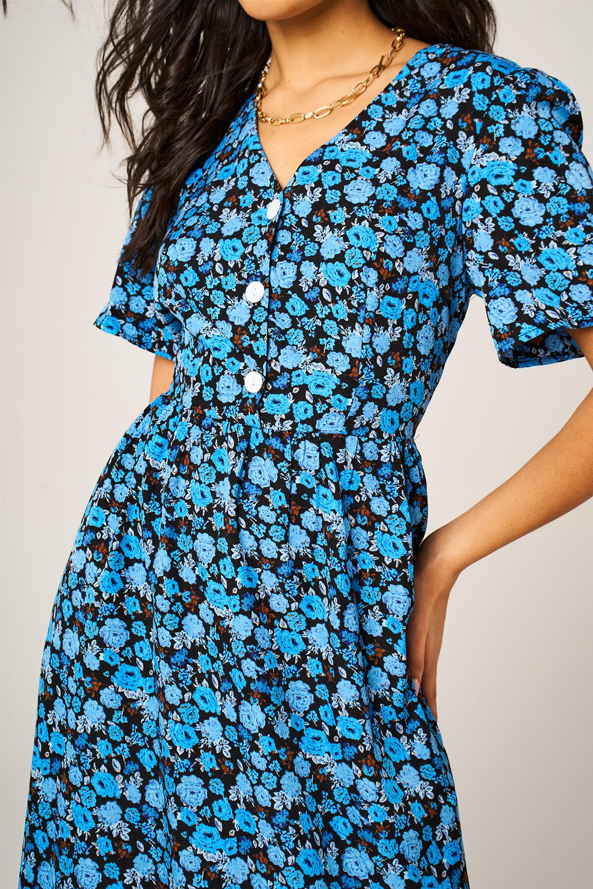 Floral Print Button Front Midi Dress In Royal Blue