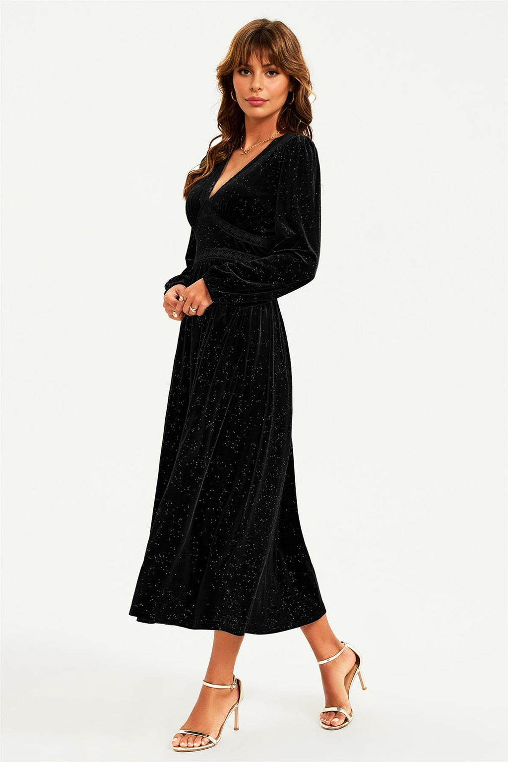 Silver Foil Velvet Lace Trim Neckline Midi Dress In Black