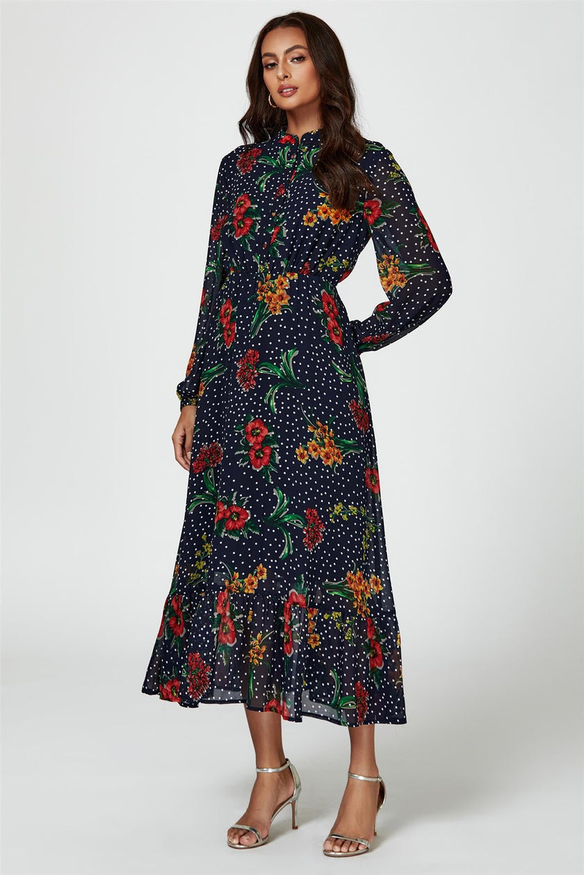 Robe longue à imprimé floral à pois marine