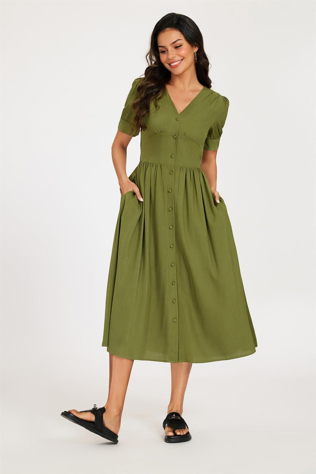Button Front Short Sleeve Midi Dress In Khaki Green