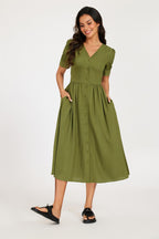 Button Front Short Sleeve Midi Dress In Khaki Green