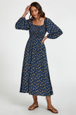 Robe longue à encolure carrée et imprimé floral bleu foncé