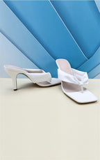 Woven Pattern Knot Toe Thong High Heeled Mule Sandal In White