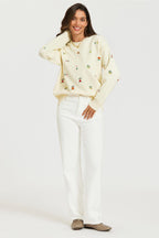 Embroidered Floral Knit Jumper Top In Cream