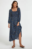 Robe longue à encolure carrée et imprimé floral bleu foncé
