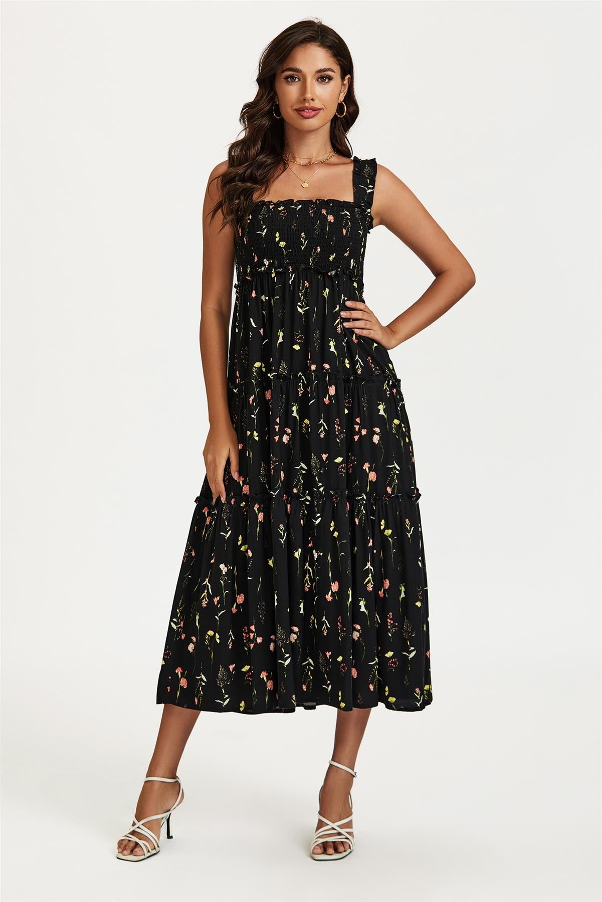 Floral Print Hem Detail Tiered Maxi Dress In Black