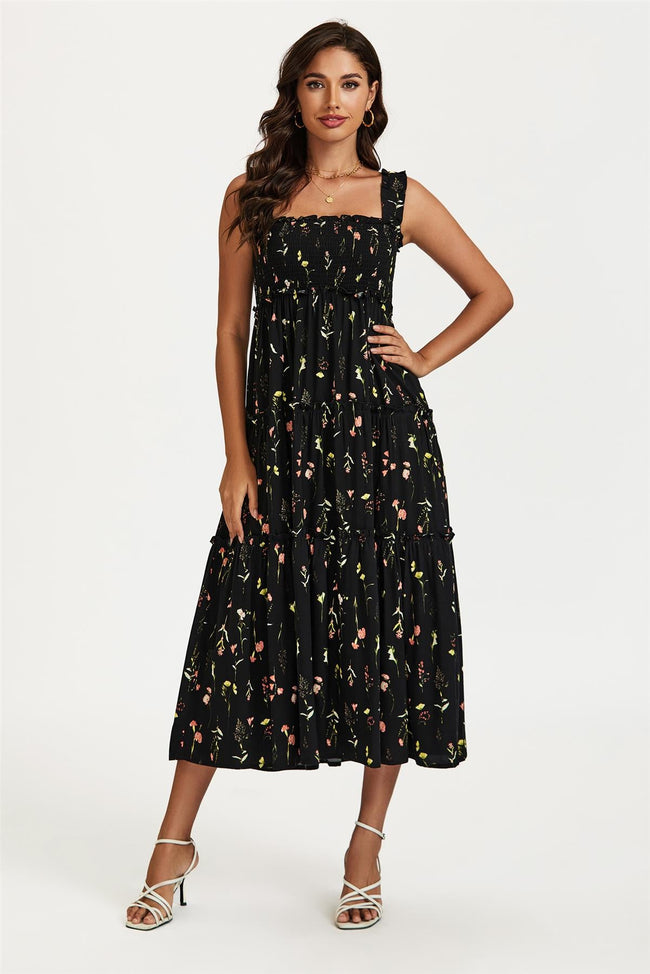Floral Print Hem Detail Tiered Maxi Dress In Black