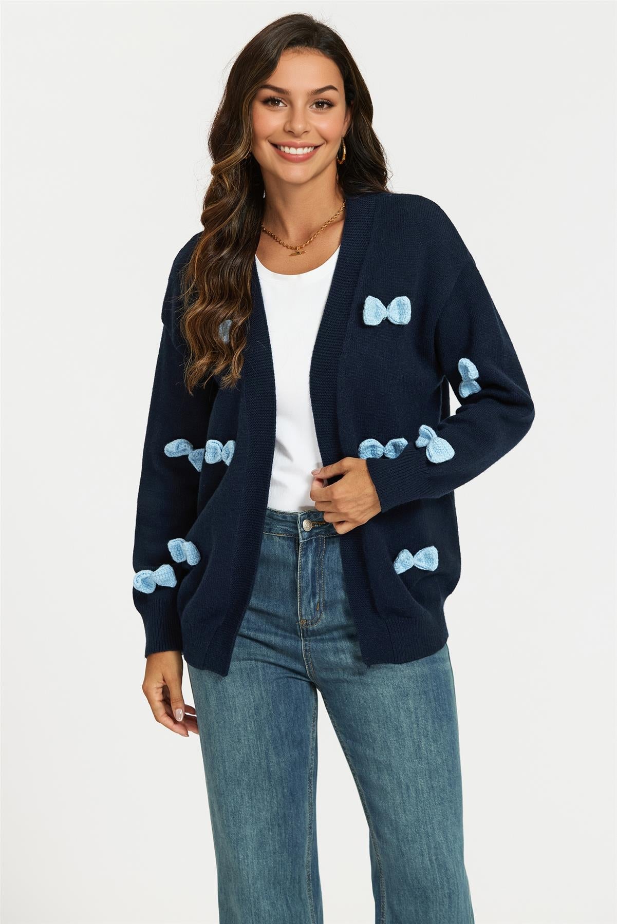 Light Blue 3D Bow Cardigan In Navy