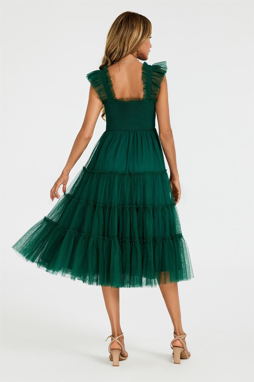 Sleeveless Smocked Ruffle Tulle Dress In Forest Green