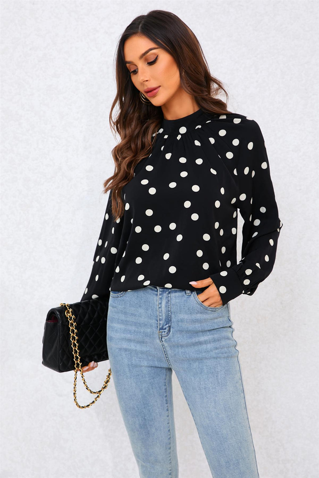 Black Dot Print Halter Neck Blouse Top In Black