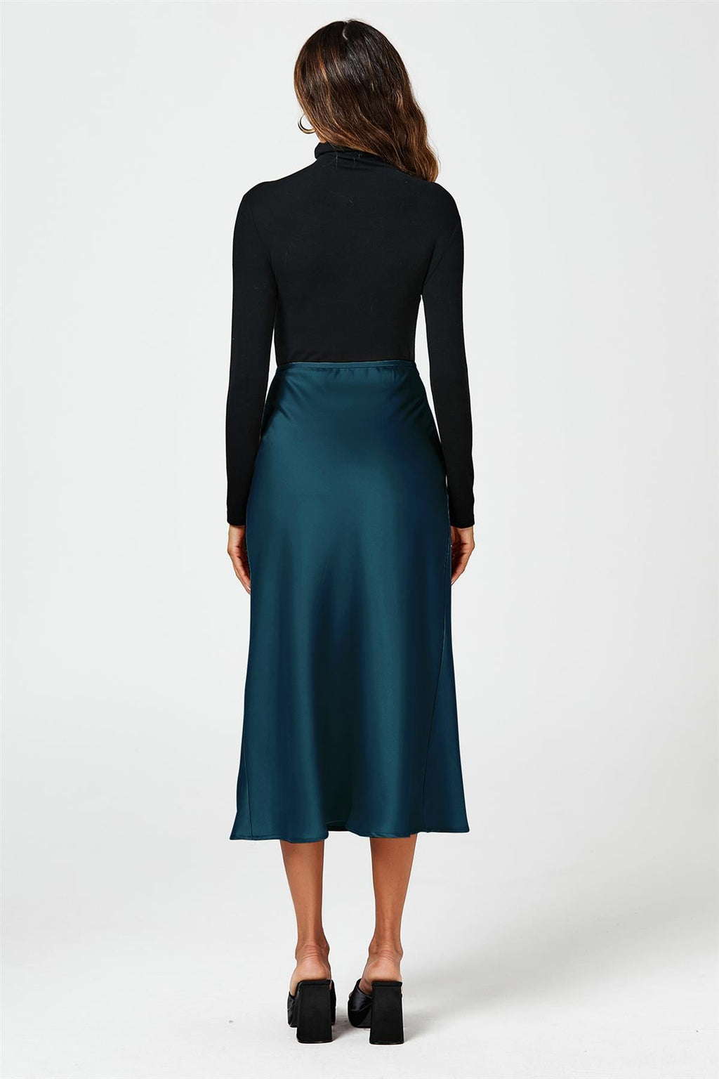 Teal Satin Midi Skirt