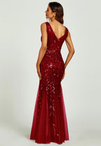 Sequin Leaf Detailed V Neck Bridesmaid Maxi Dress In Wine