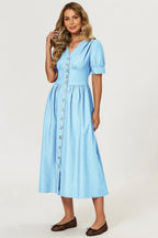 Puff Sleeve Button Down Denim Midi Dress In Light Blue