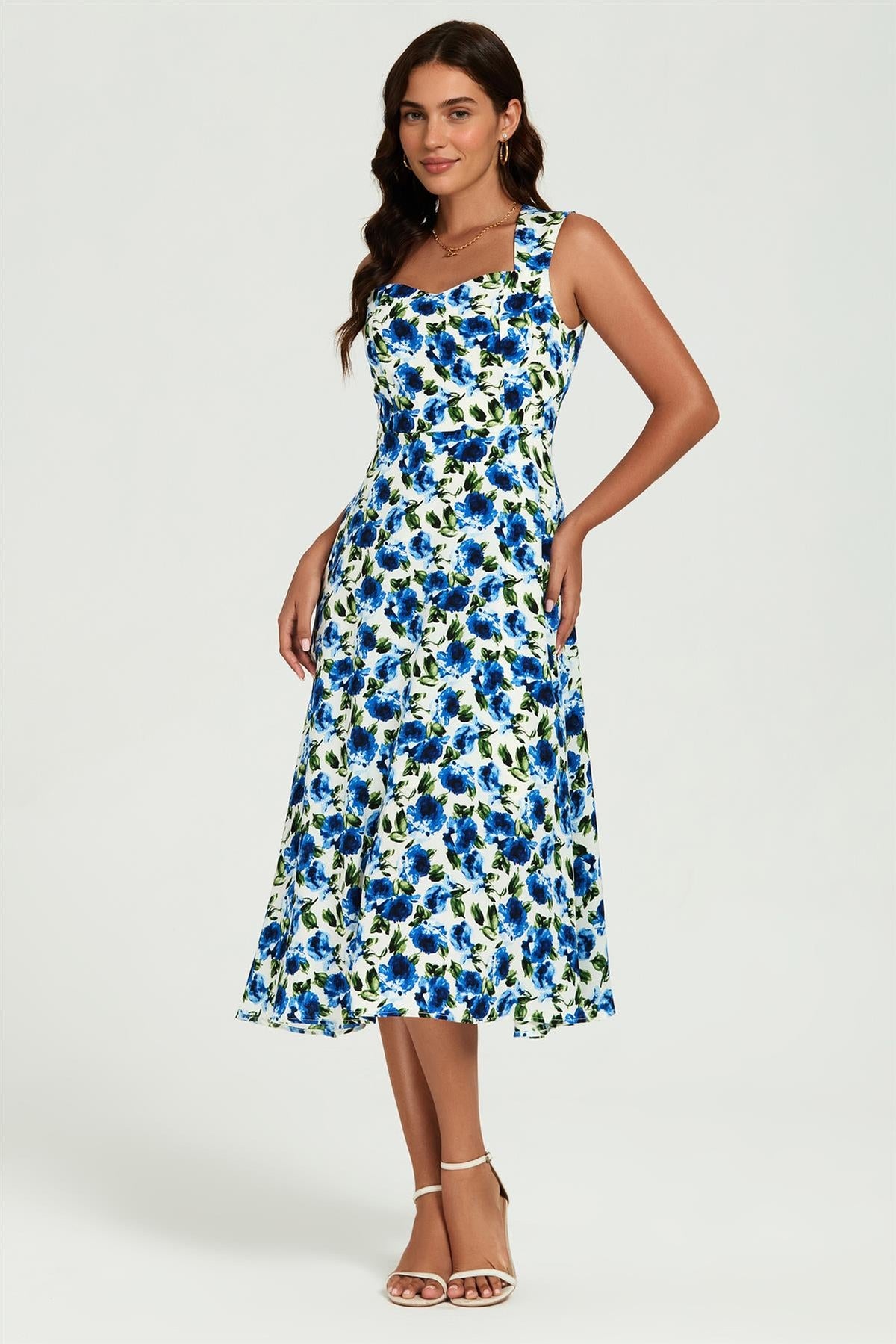 Robe midi bleu imprimé floral encolure cœur