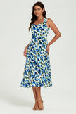 Robe midi bleu imprimé floral encolure cœur