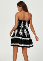 Printed Broderie Strapless Mini Dress In Black