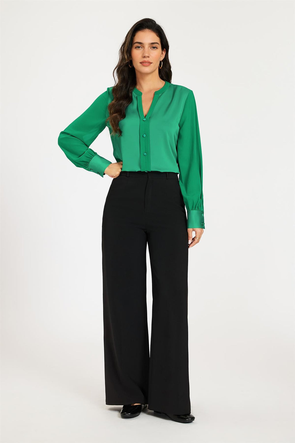 Long Sheer Sleeve Satin Notch Neck Blouse Top In Green