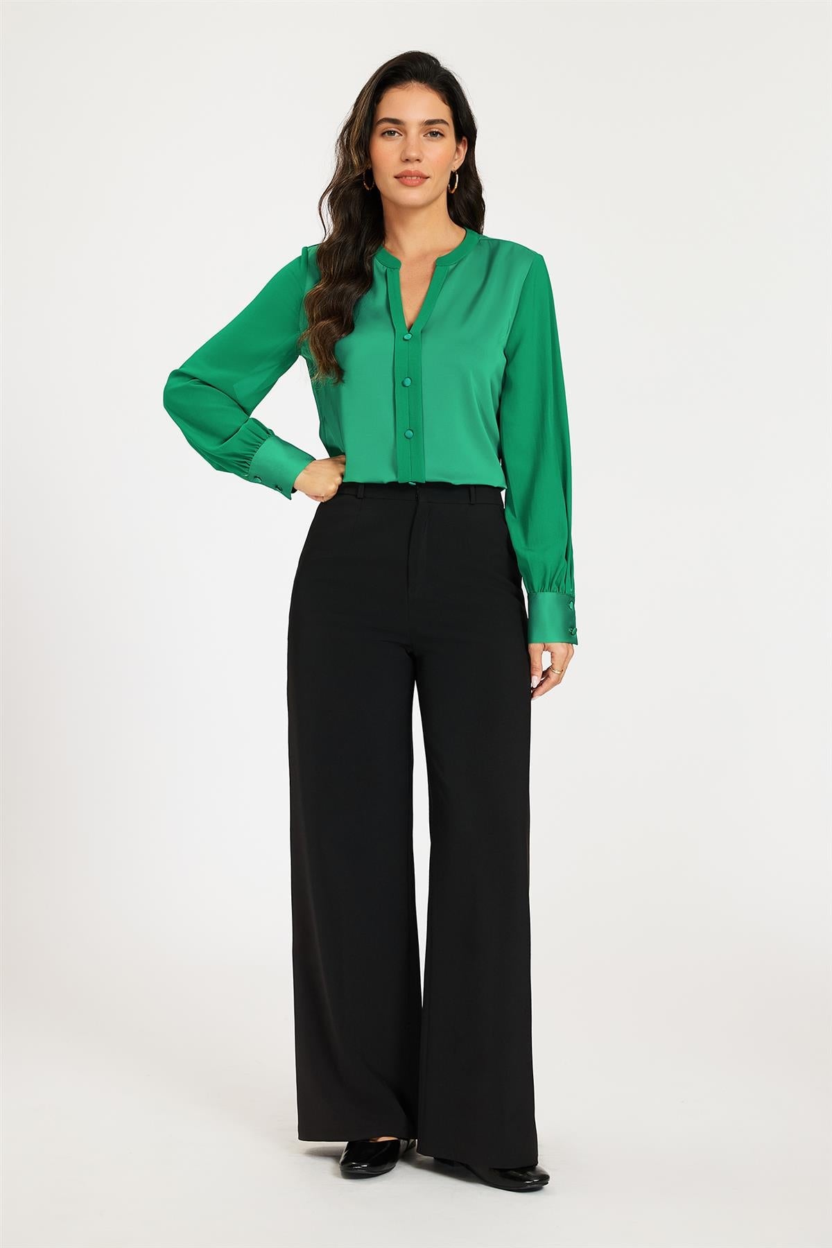 Long Sheer Sleeve Satin Notch Neck Blouse Top In Green