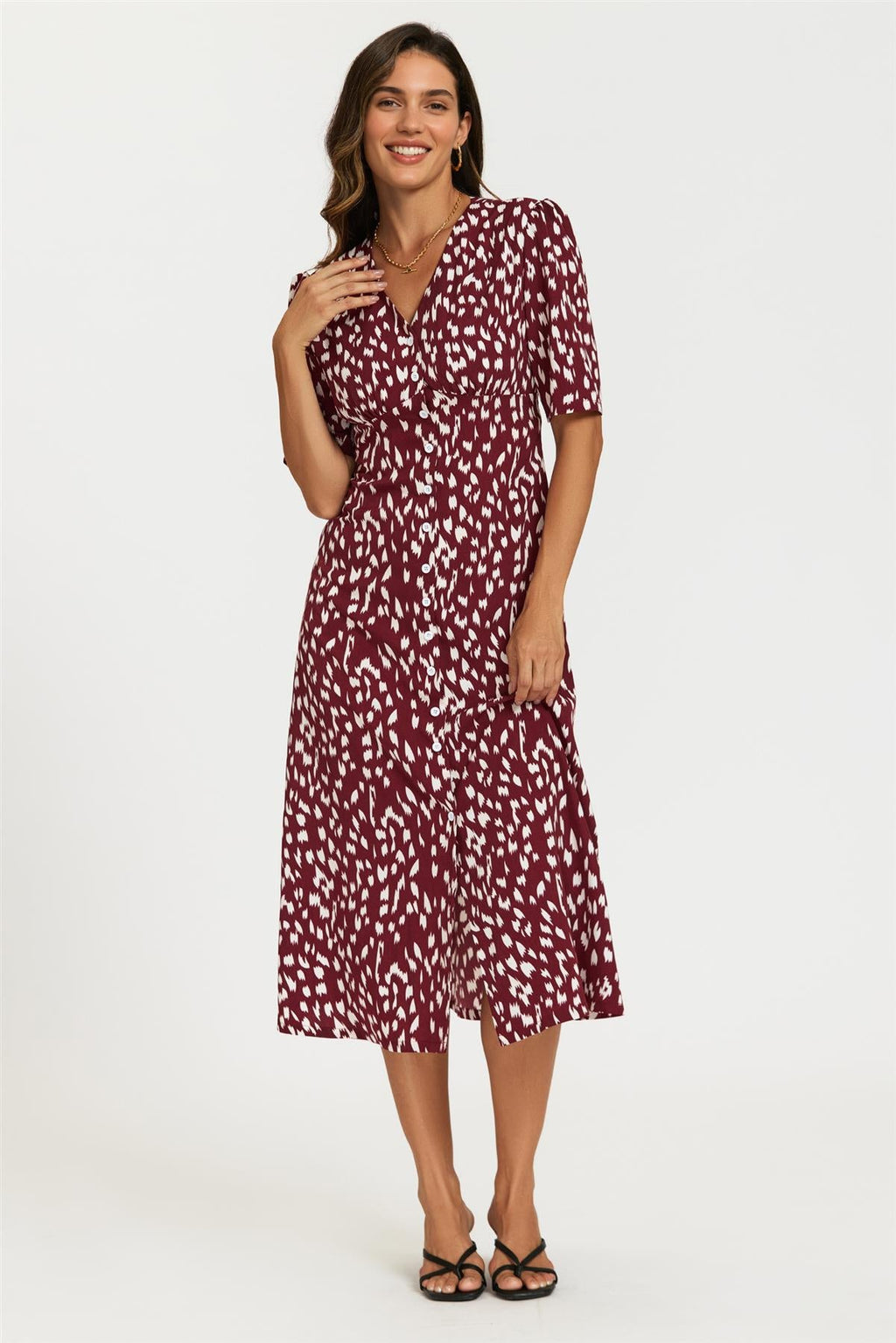 Brushstroke Print Button Front Midi Dress In Burgundy