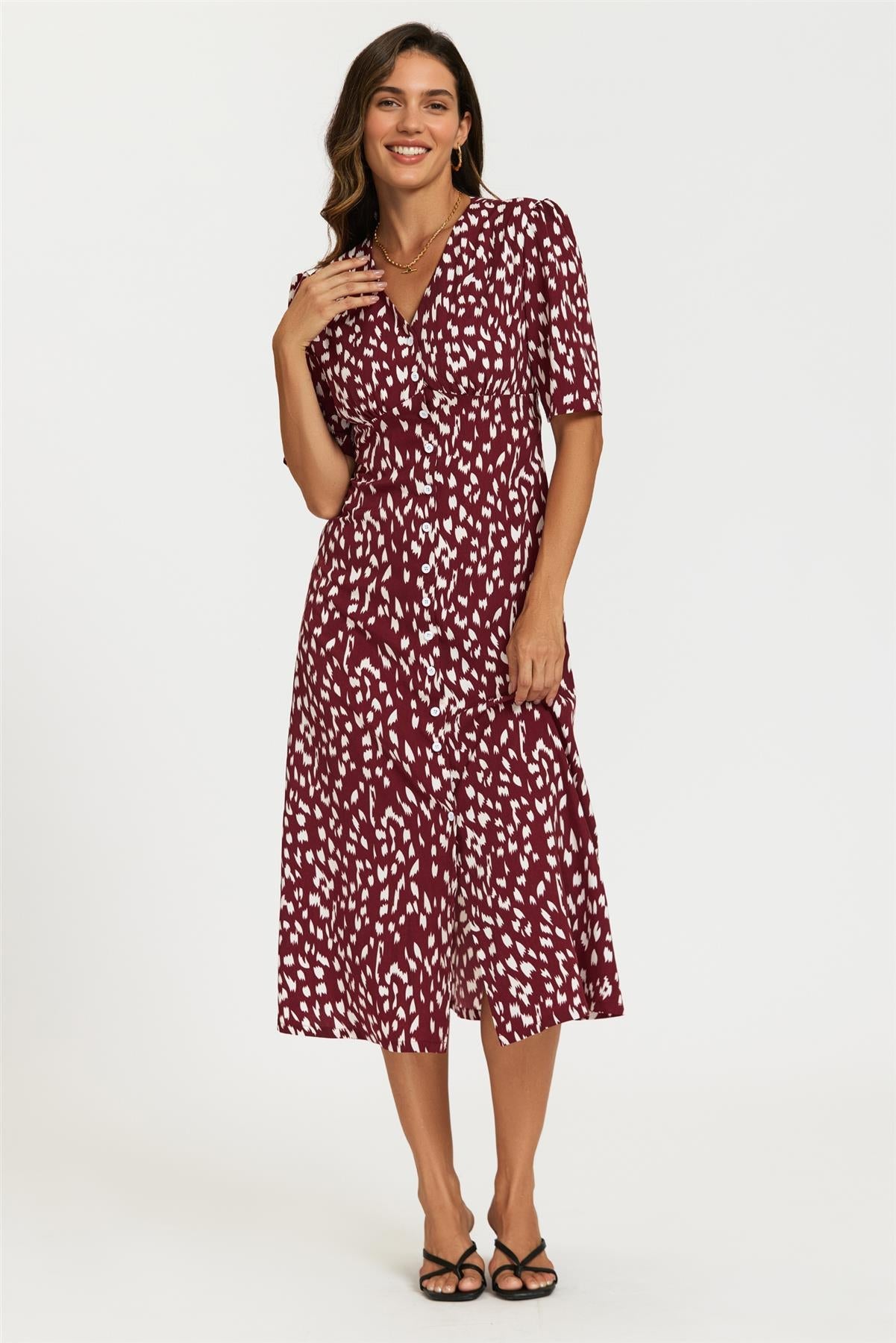 Brushstroke Print Button Front Midi Dress In Burgundy