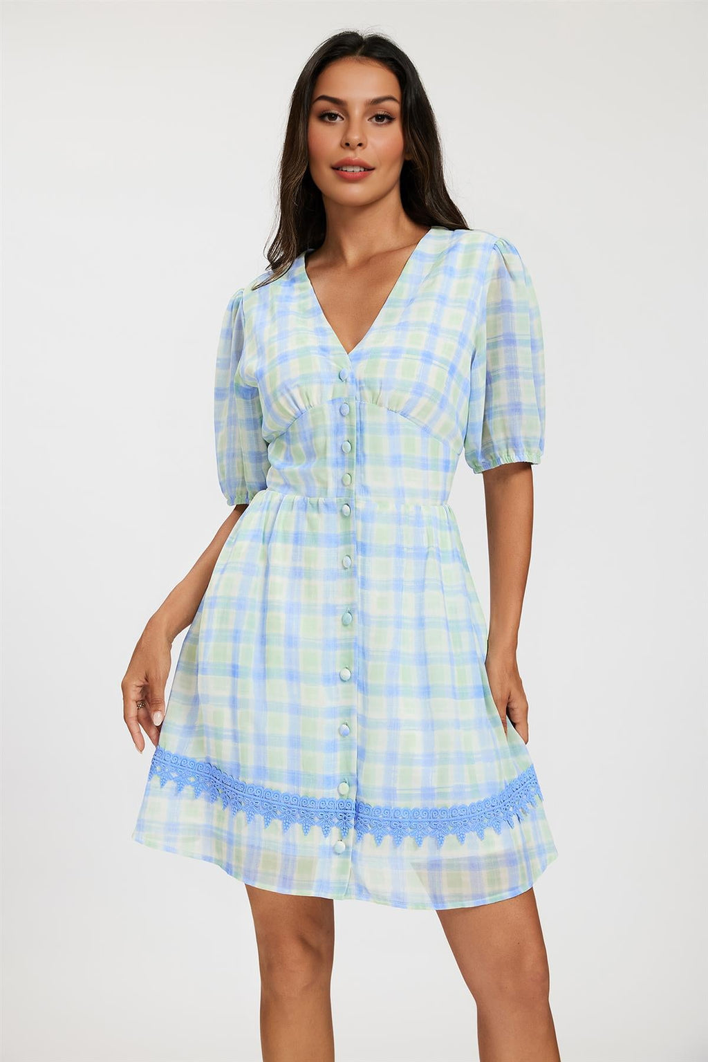 Gingham Lace Detail Mini Dress In Green