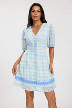 Gingham Lace Detail Mini Dress In Green