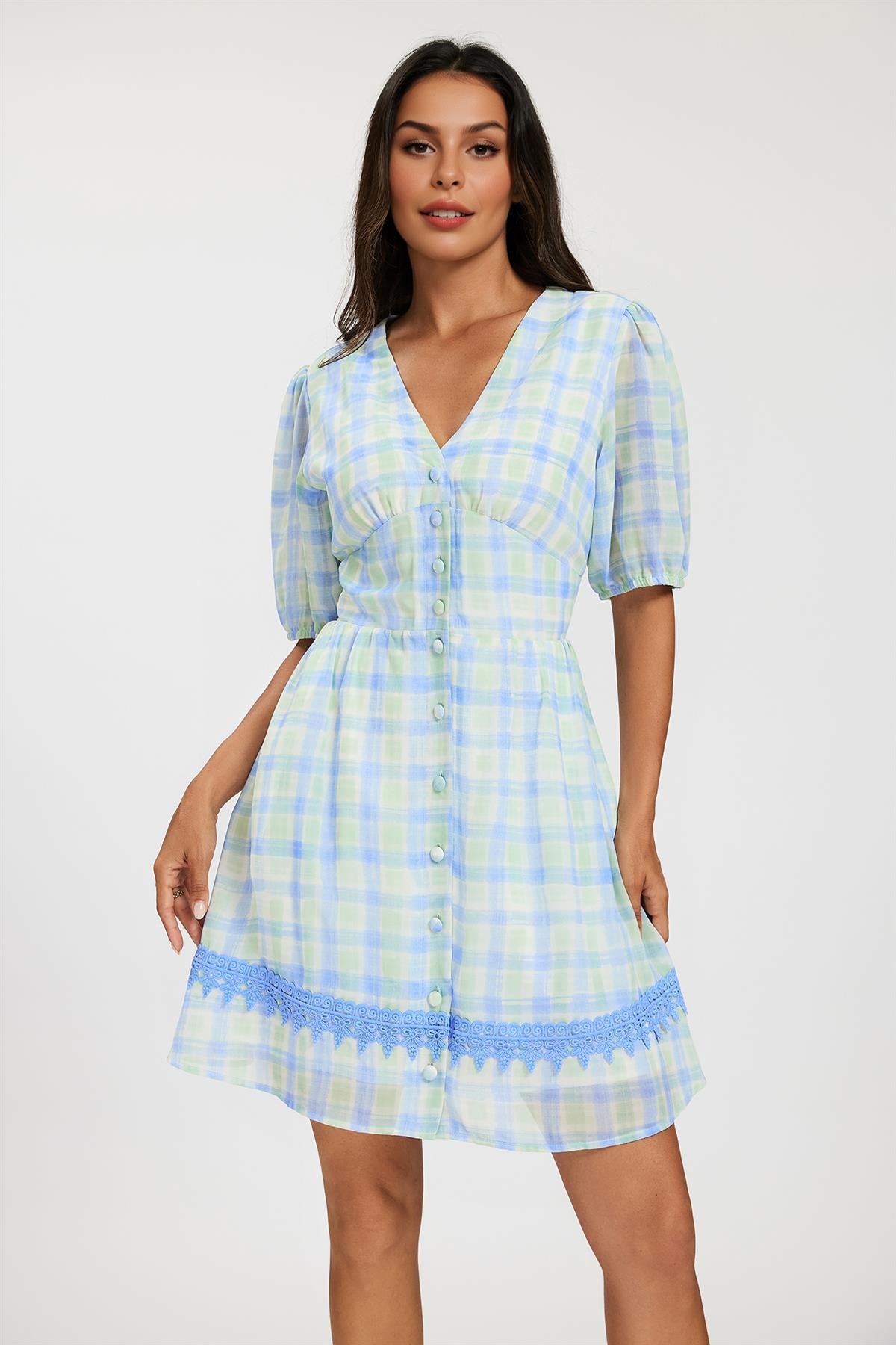 Gingham Lace Detail Mini Dress In Green
