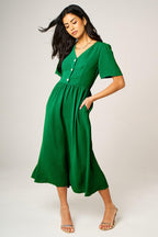 Button Front Midi Dress In Green
