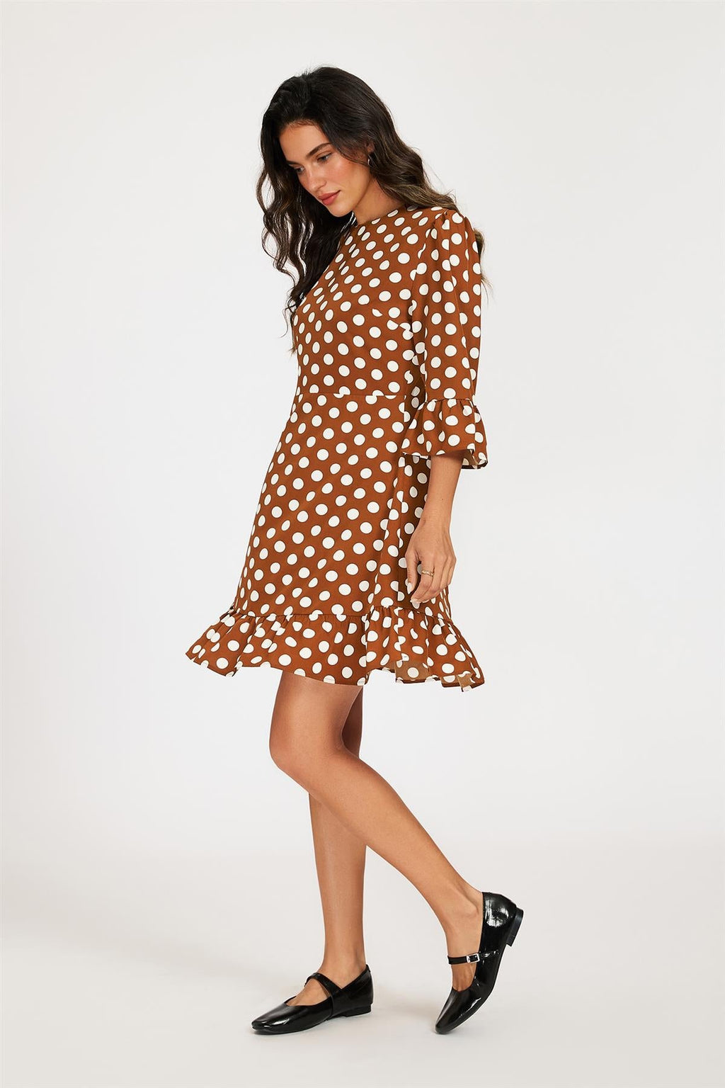 Polka Dot Print Frill Detail Mini Dress In Brown