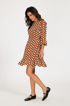 Polka Dot Print Frill Detail Mini Dress In Brown