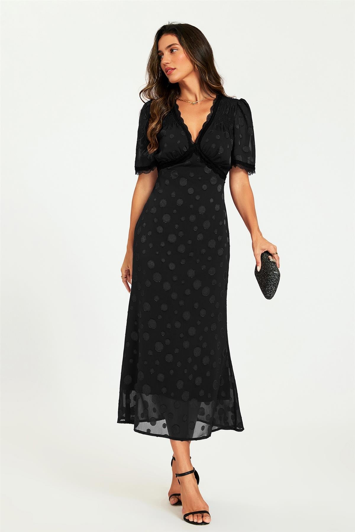 Polka Dot Jacquard Lace Trim Midi Dress In Black