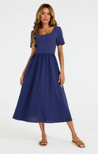 Short Sleeve Jersey Bodice Midi Dress with Pockets In Navy