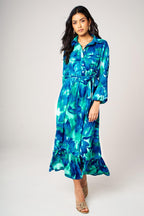 Abstract Floral Print Hem Detail Shirt Midi Dress With Tie Waist In Blue