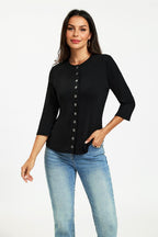 Button Through 3/4 Sleeve Jersey Cardigan Top Black