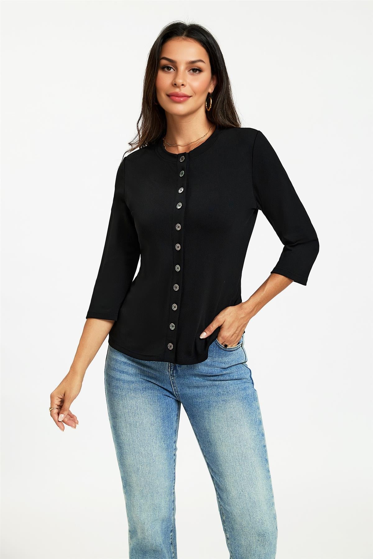 Button Through 3/4 Sleeve Jersey Cardigan Top Black