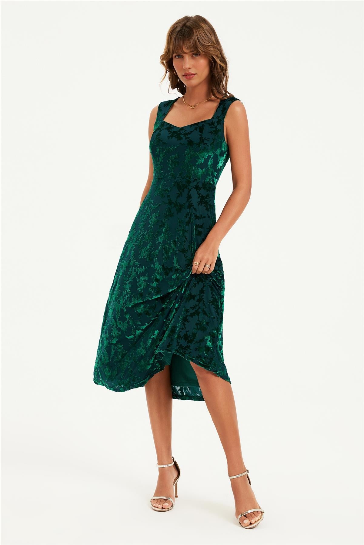 Floral Velvet Devore Sweetheart Neck Midi Dress In Green