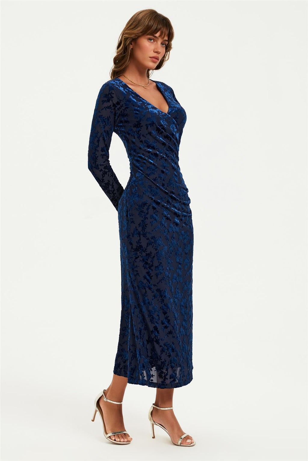 Floral Velvet Devore Long Sleeve Wrap Midi Dress In Navy