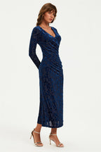 Floral Velvet Devore Long Sleeve Wrap Midi Dress In Navy