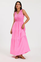 Shirred Tiered Maxi Dress with Sleeveless V-Neck