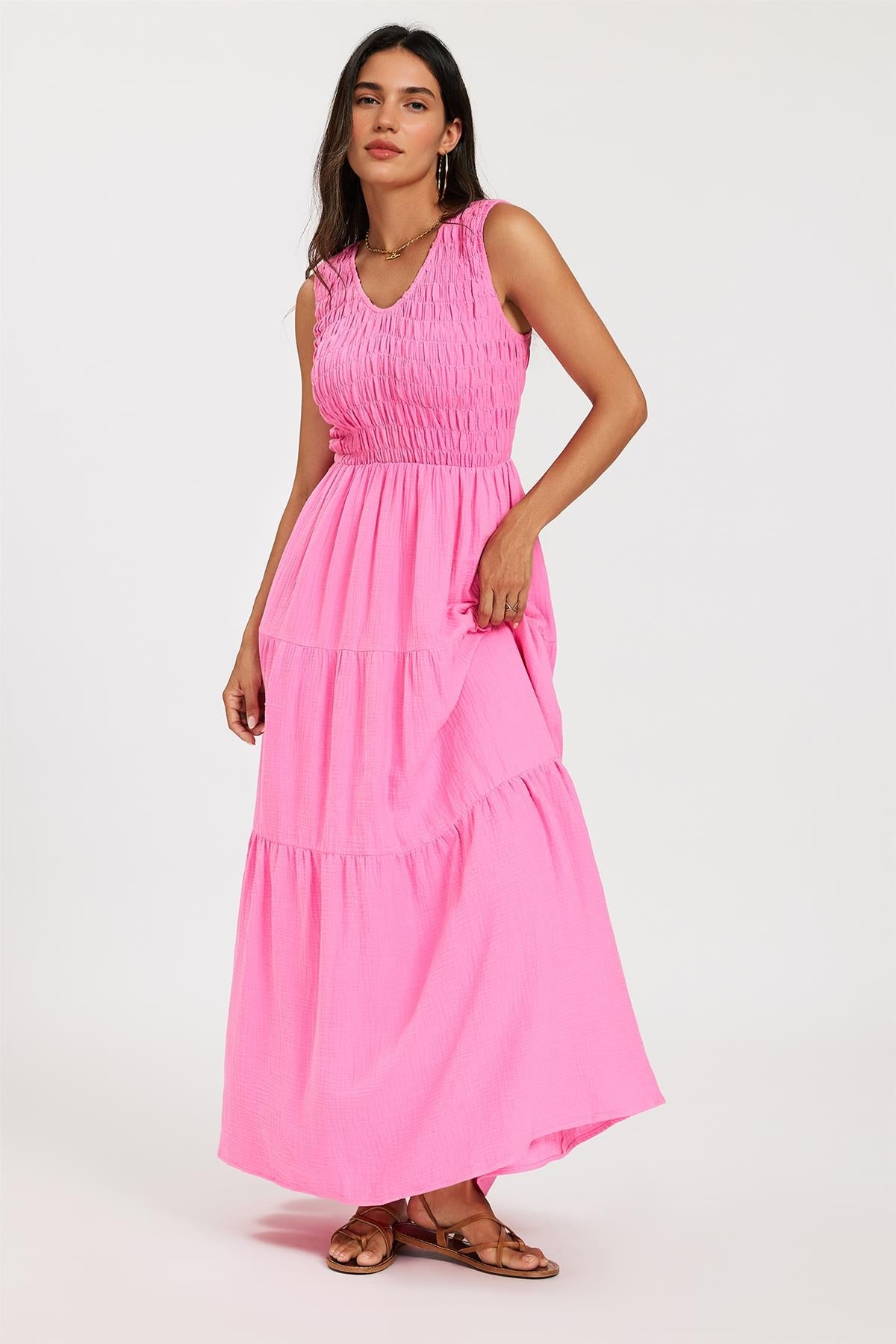 Shirred Tiered Maxi Dress with Sleeveless V-Neck