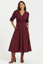 Half Sleeves Jersey Midi Dress with Wrap Neckline In Wine