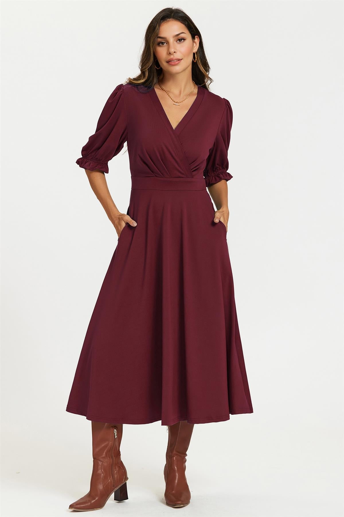 Half Sleeves Jersey Midi Dress with Wrap Neckline In Wine
