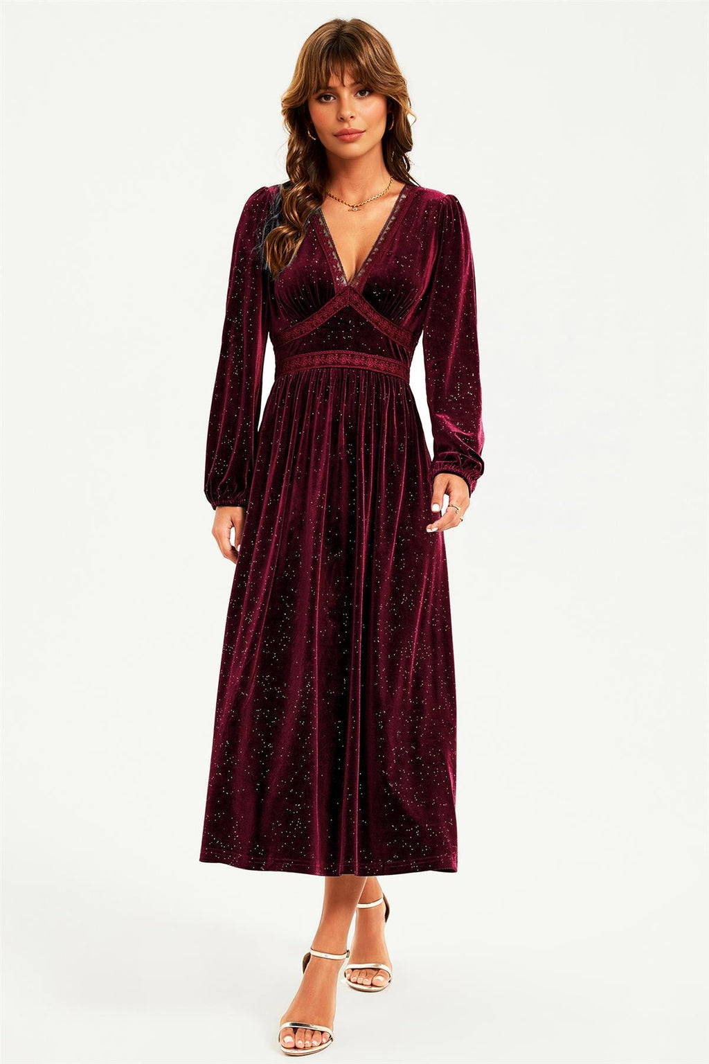 Silver Foil Velvet Lace Trim Neckline Midi Dress In Wine