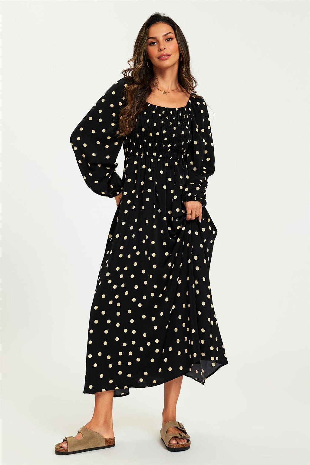 Polka Dot Square Neck Maxi Dress In Black