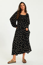 Polka Dot Square Neck Maxi Dress In Black
