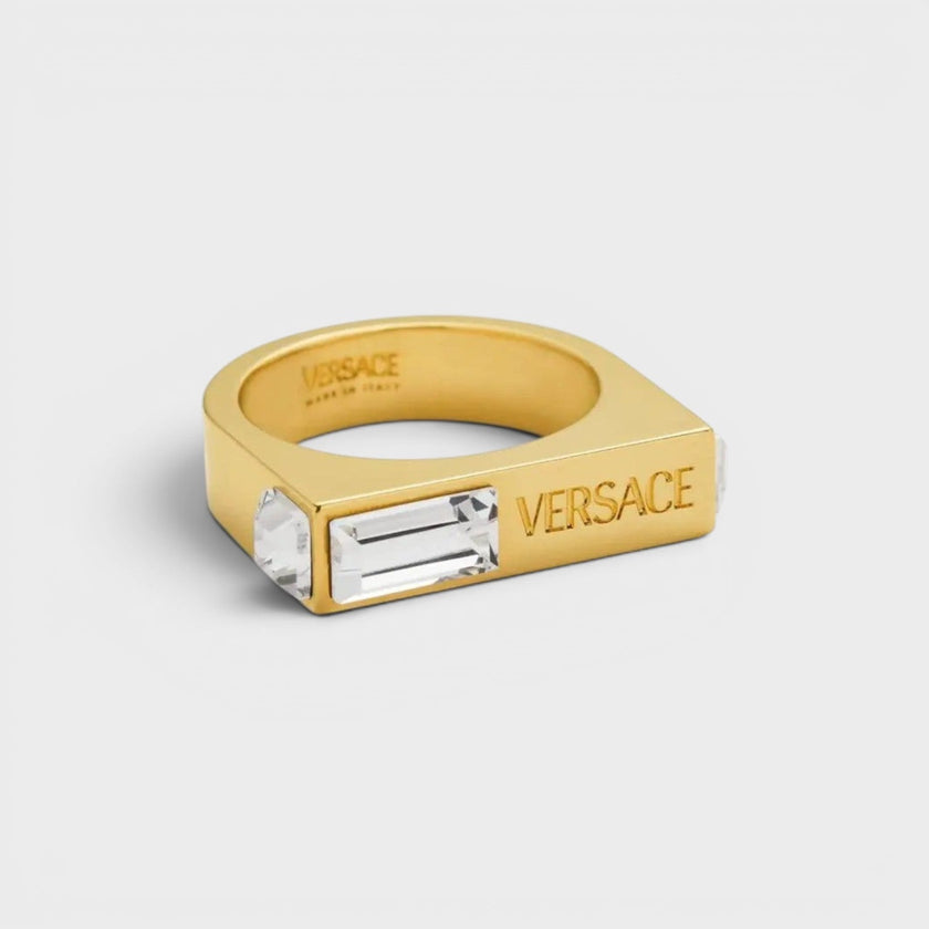 Logo Engraved Crystal Embellished Ring Gold