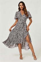 Floral Print Midi Wrap Dress In Black