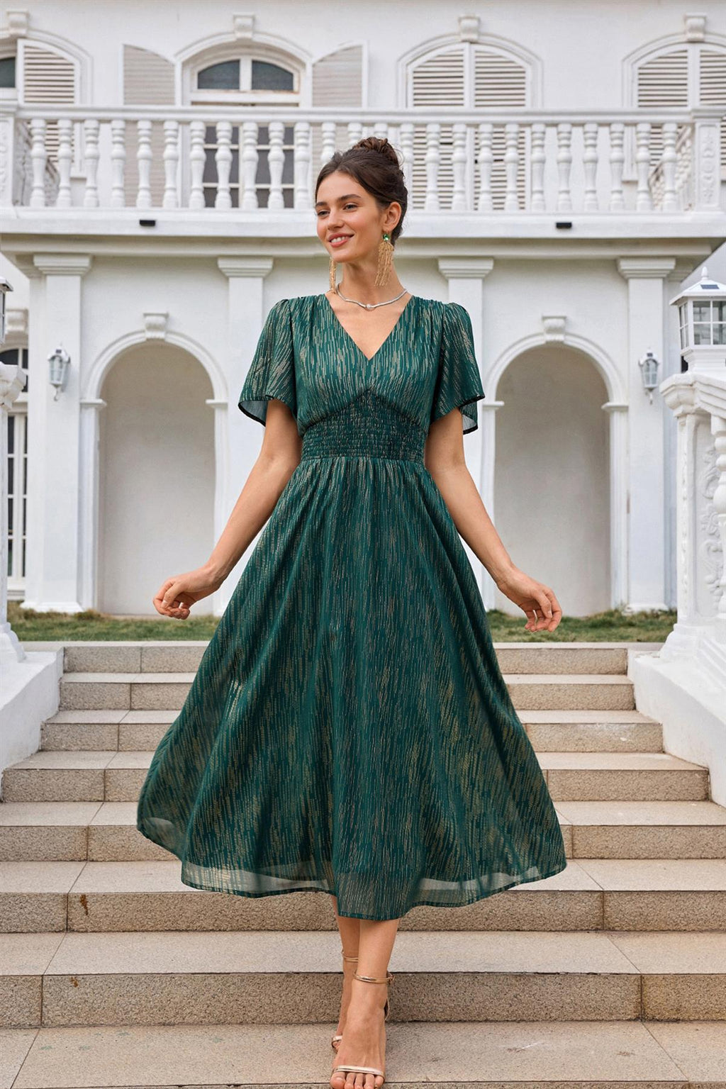 Angel Sleeve Gold Stripe Foil Midi Dress In Green