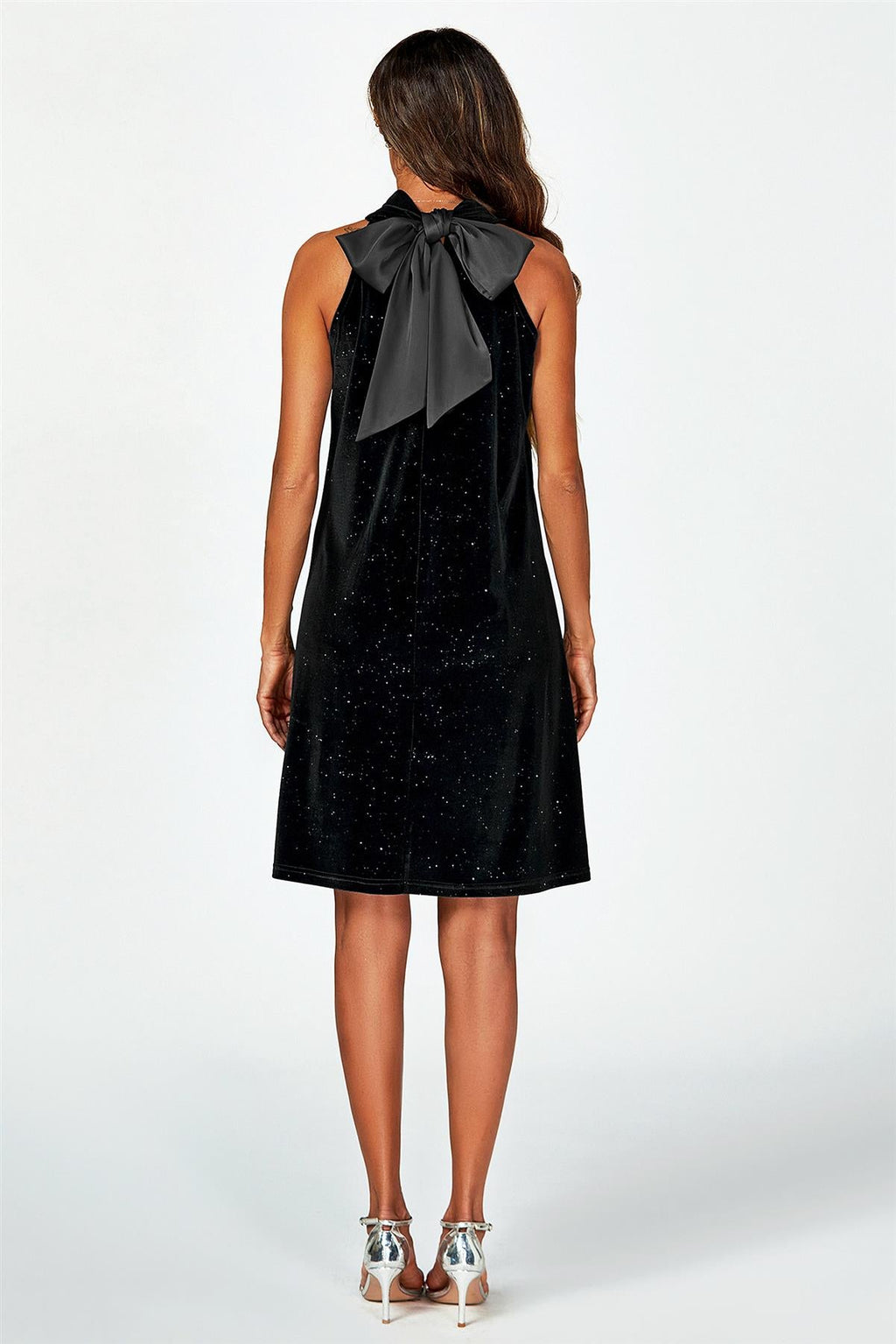 Silver Foil Velvet Halter Neck Tie Back Mini Dress In Black